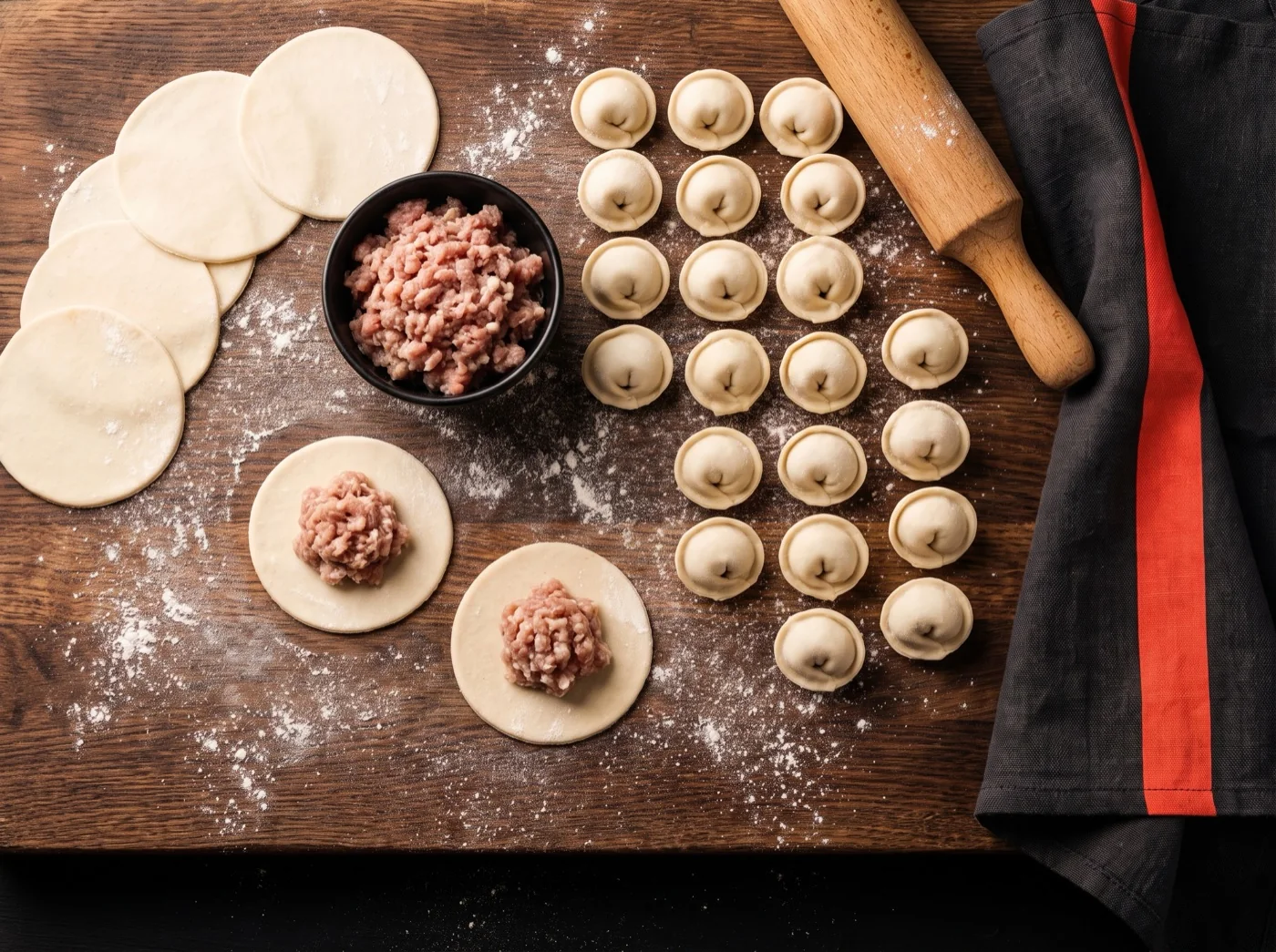 Pelmeni being made on a floured board