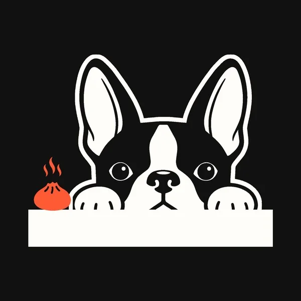 Dream, our Boston terrier, peeking over the sign